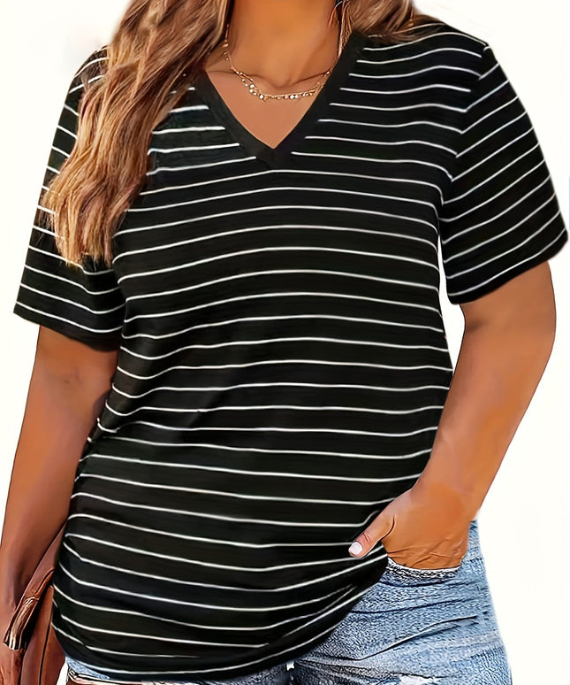 KissICON Stylish Plus Size Striped V Neck T-Shirt - Women's Short Sleeve Summer & Spring Top - Breathable, Soft, Versatile, and Comfy Clothing for Curvy Ladies