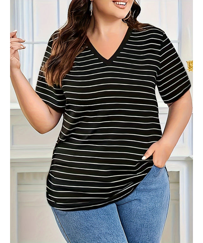 KissICON Stylish Plus Size Striped V Neck T-Shirt - Women's Short Sleeve Summer & Spring Top - Breathable, Soft, Versatile, and Comfy Clothing for Curvy Ladies