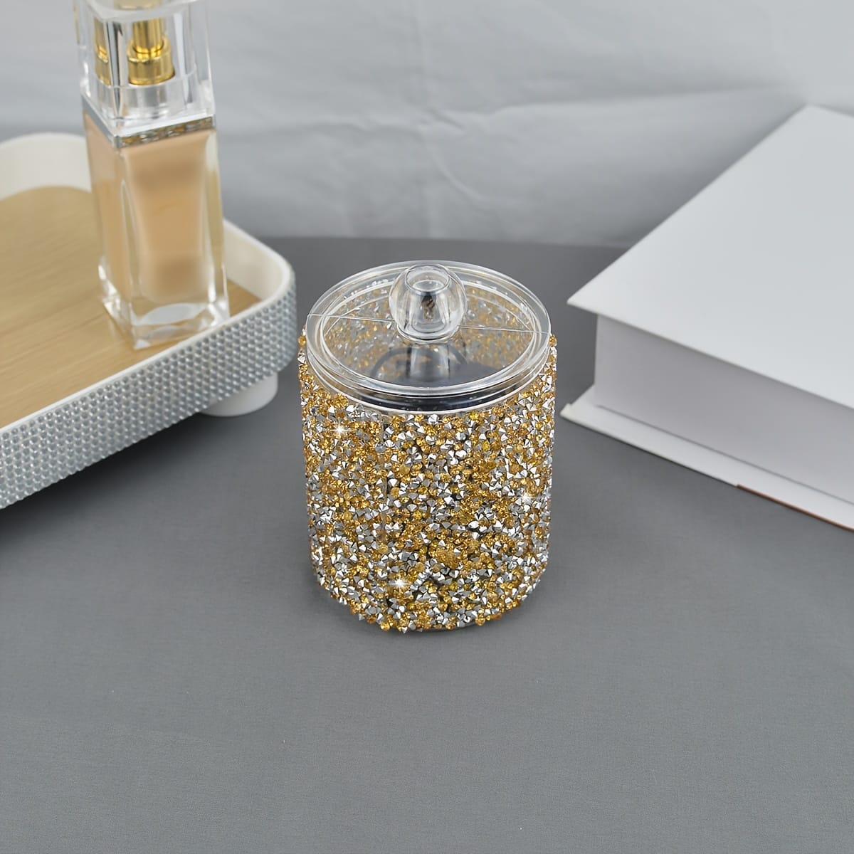 jkthpu-45 Subtle Light Gold & White Diamond Dustproof Storage Jar  Mat Organizer