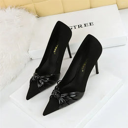 KissICON Suede Women Pumps Shallow Mouth Pointed Toe Bow