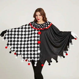 KissICON Suit / One Size Halloween Clown Costume for Adult Black White Checkered Cape with Gloves Black White Red Printed Carnival Fancy Dress Up