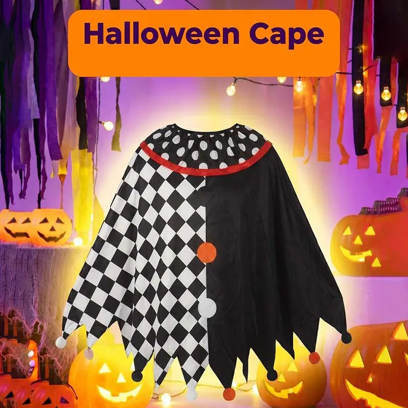 KissICON Suit / One Size Halloween Clown Costume for Adult Black White Checkered Cape with Gloves Black White Red Printed Carnival Fancy Dress Up