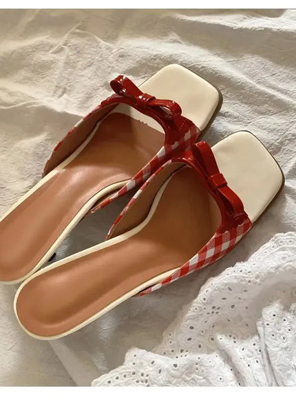 KissICON Summer slippers for women Square toe French checkered