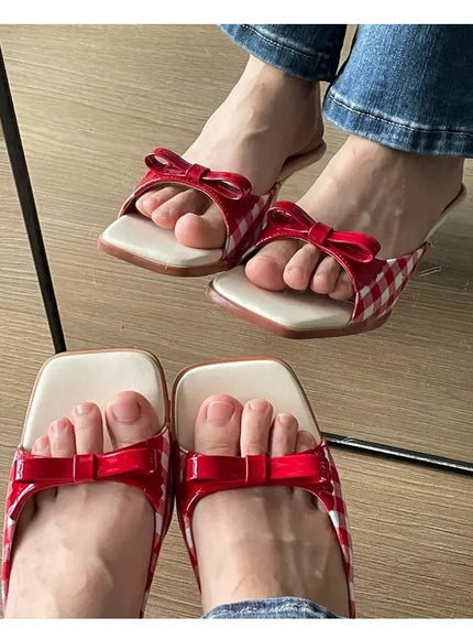 KissICON Summer slippers for women Square toe French checkered