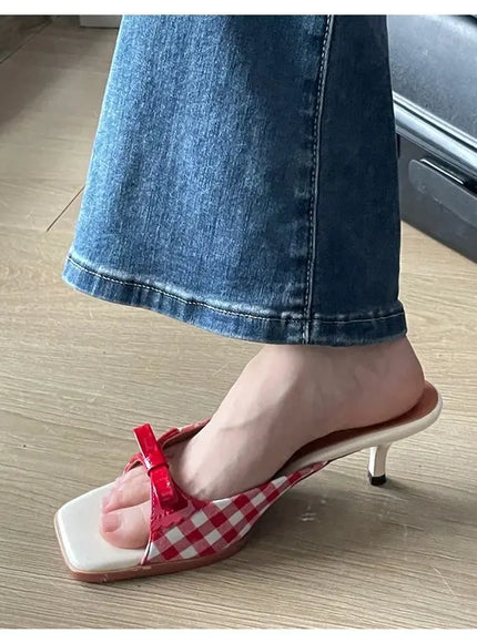 KissICON Summer slippers for women Square toe French checkered