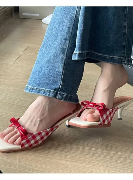 KissICON Summer slippers for women Square toe French checkered