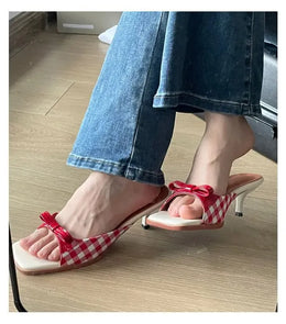 KissICON Summer slippers for women Square toe French checkered