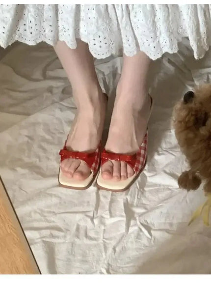 KissICON Summer slippers for women Square toe French checkered