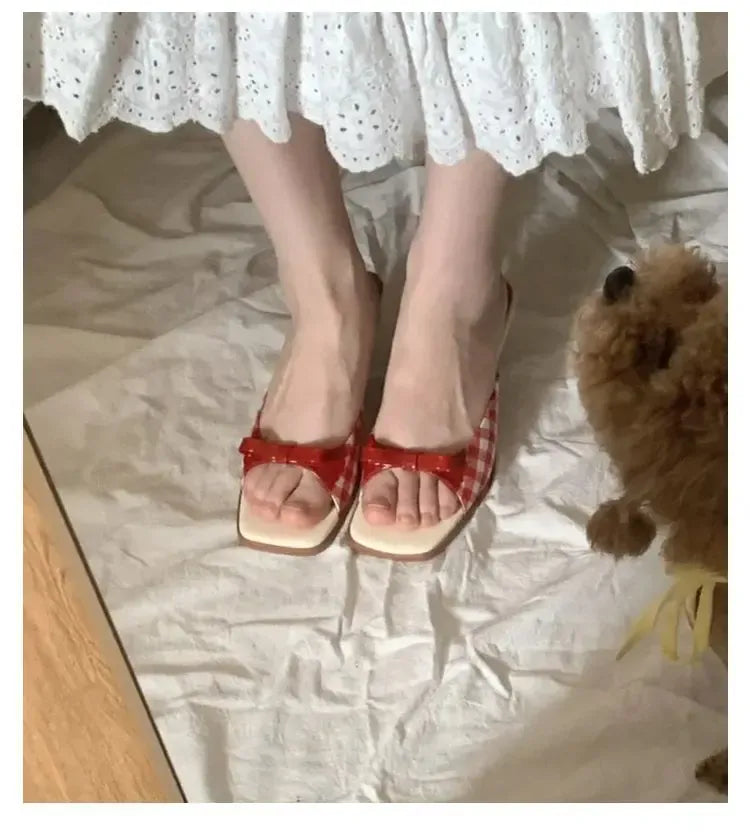 KissICON Summer slippers for women Square toe French checkered