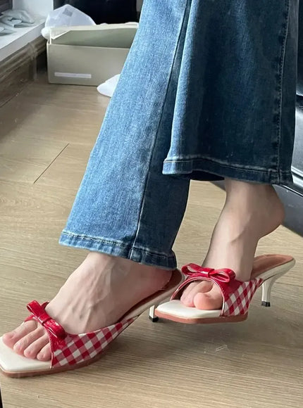 KissICON Summer slippers for women Square toe French checkered