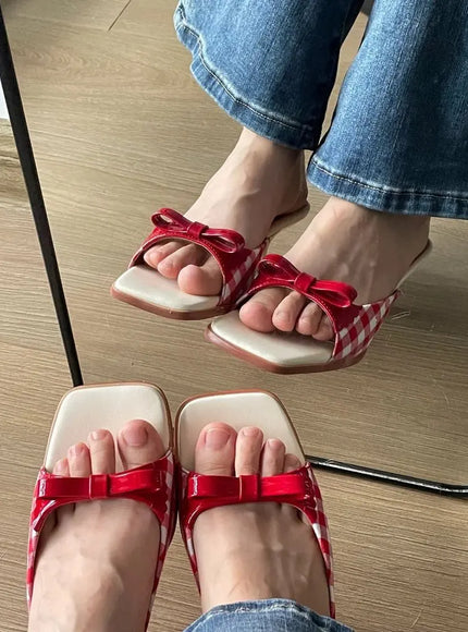 KissICON Summer slippers for women Square toe French checkered