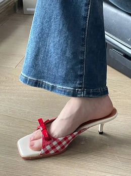 KissICON Summer slippers for women Square toe French checkered