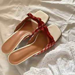 KissICON Summer slippers for women Square toe French checkered