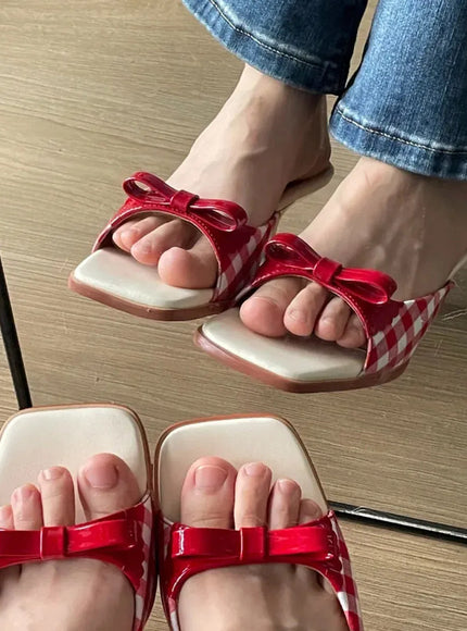 KissICON Summer slippers for women Square toe French checkered