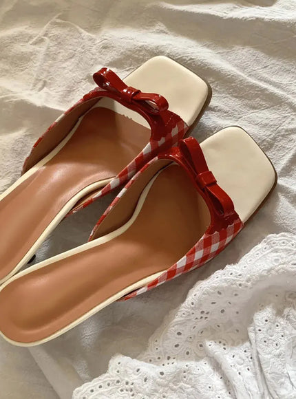 KissICON Summer slippers for women Square toe French checkered