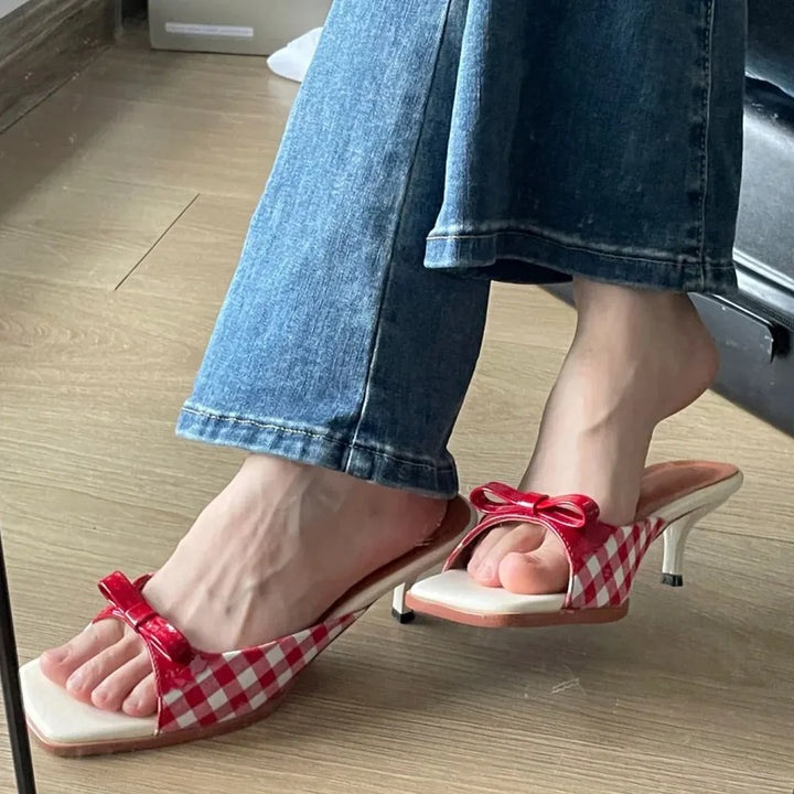 Summer slippers for women Square toe French checkered