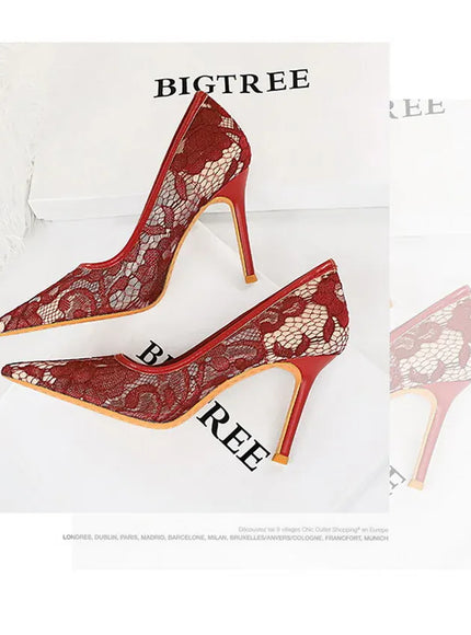 KissICON Summer Wine Red Lace Flower Women Pumps Shallow