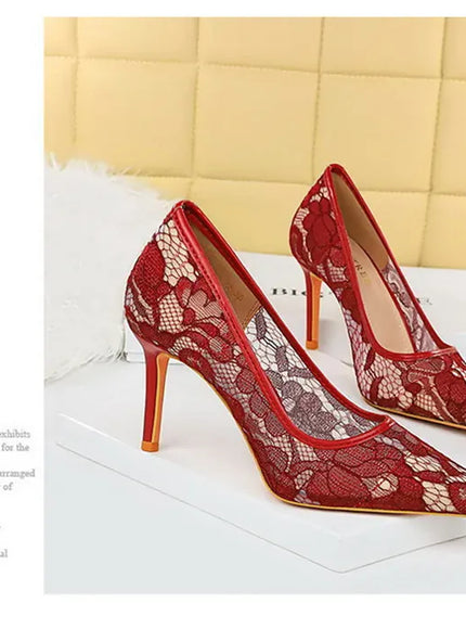 KissICON Summer Wine Red Lace Flower Women Pumps Shallow