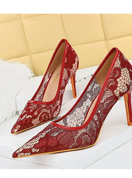 KissICON Summer Wine Red Lace Flower Women Pumps Shallow