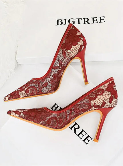 KissICON Summer Wine Red Lace Flower Women Pumps Shallow
