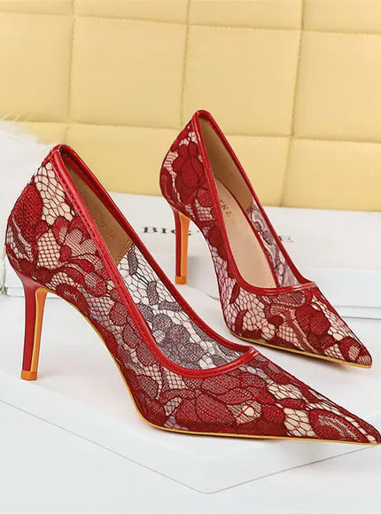 KissICON Summer Wine Red Lace Flower Women Pumps Shallow