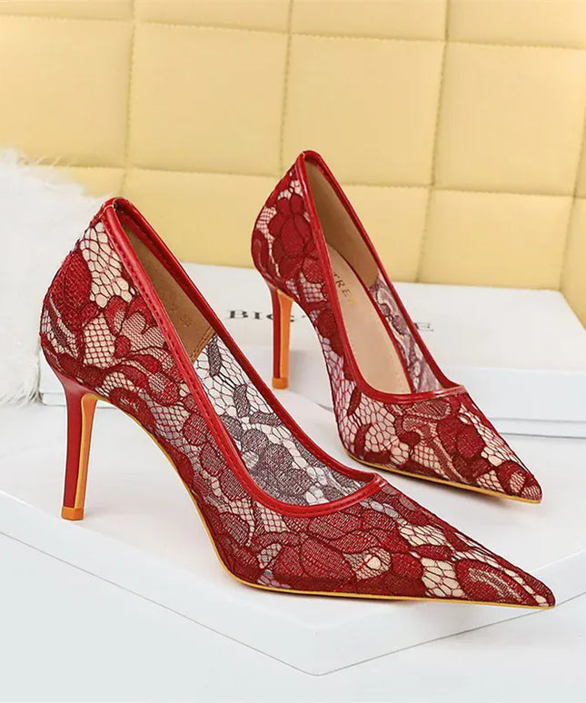 KissICON Summer Wine Red Lace Flower Women Pumps Shallow
