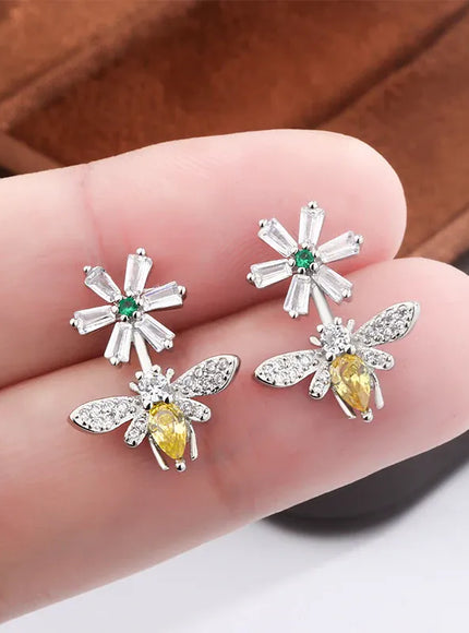 KissICON Sunflower Bee Earrings 925 Silver Plated Zircon Gift