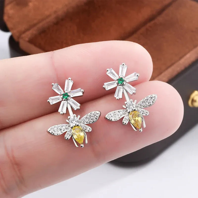KissICON Sunflower Bee Earrings 925 Silver Plated Zircon Gift
