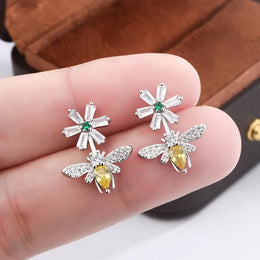 KissICON Sunflower Bee Earrings 925 Silver Plated Zircon Gift
