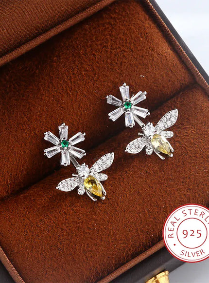 KissICON Sunflower Bee Earrings 925 Silver Plated Zircon Gift