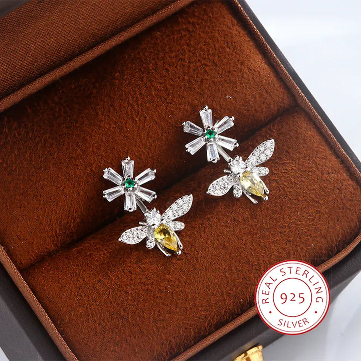 Sunflower Bee Earrings 925 Silver Plated Zircon Gift