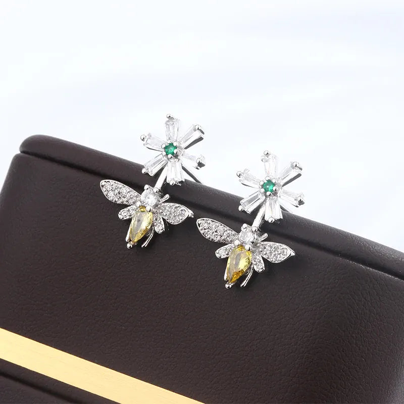 KissICON Sunflower Bee Earrings 925 Silver Plated Zircon Gift