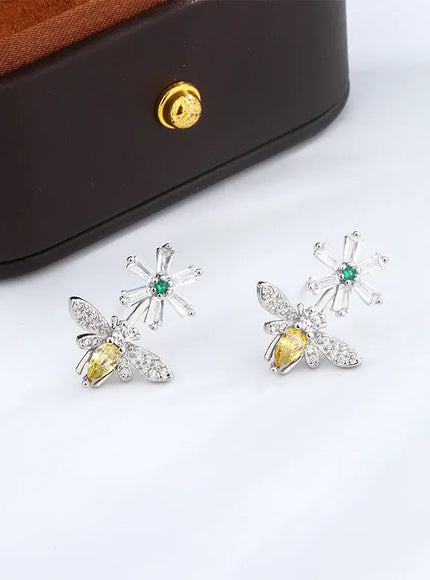 KissICON Sunflower Bee Earrings 925 Silver Plated Zircon Gift