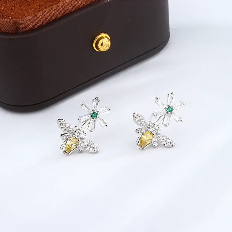 KissICON Sunflower Bee Earrings 925 Silver Plated Zircon Gift