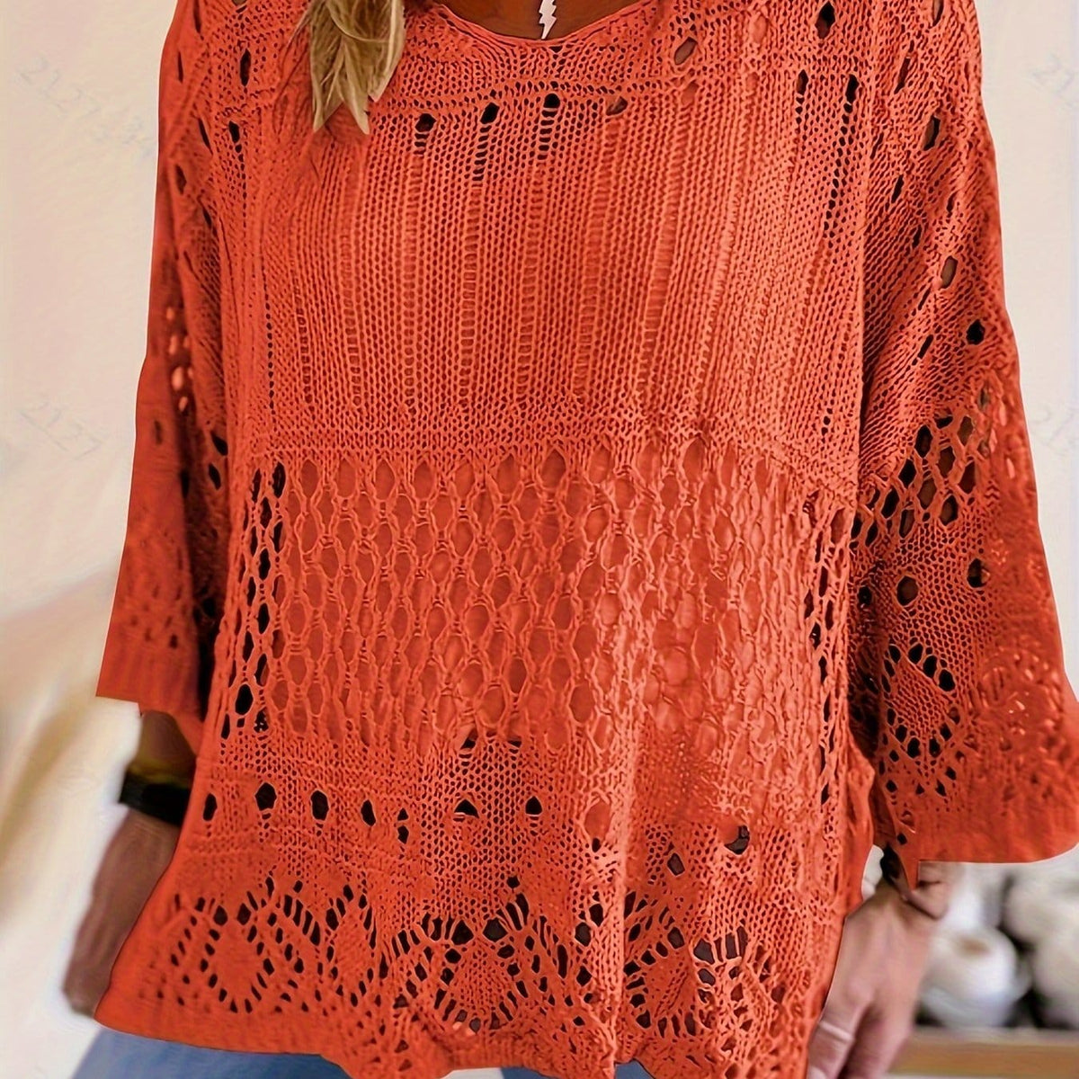 jkthpu-45 Tangerine Red Color / UK 16 Plus Size, Oversized Knitwear Loose-Fitting 3/4 Sleeve Sun-Protective