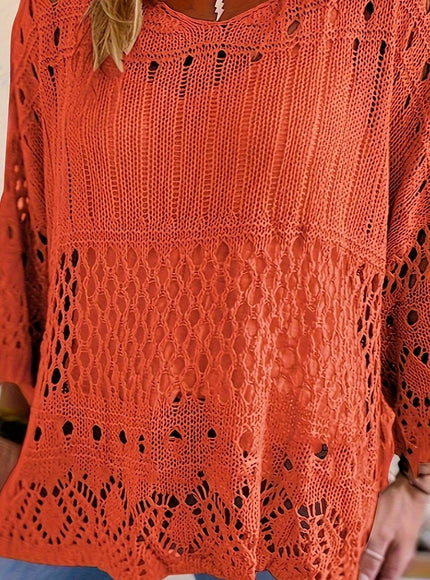 jkthpu-45 Tangerine Red Color / UK 26 Plus Size, Oversized Knitwear Loose-Fitting 3/4 Sleeve Sun-Protective