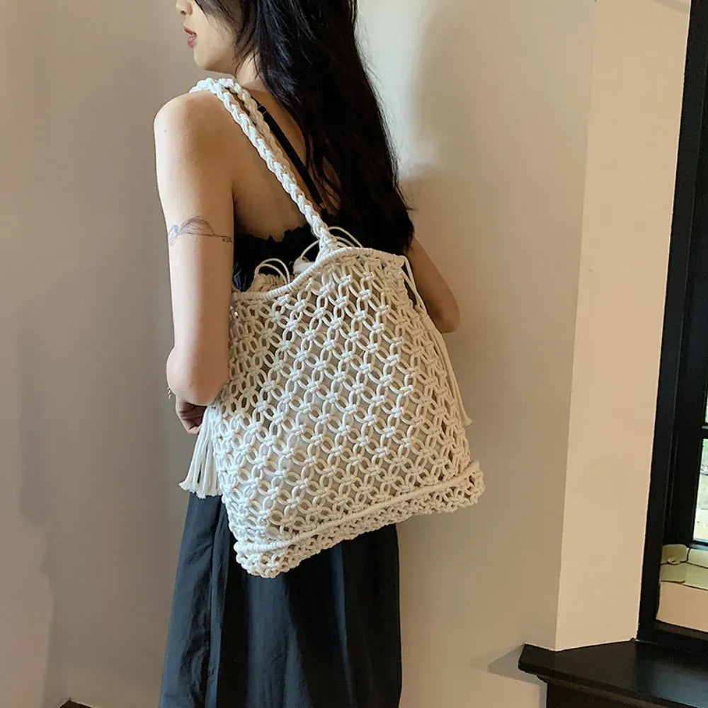 KissICON Tassel Cotton Crochet Tote – Mesh Beach Vacation