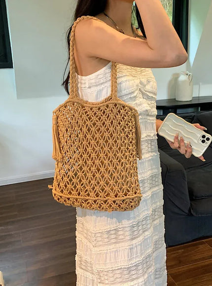 KissICON Tassel Cotton Crochet Tote – Mesh Beach Vacation