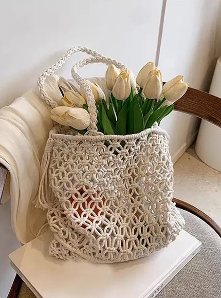 KissICON Tassel Cotton Crochet Tote – Mesh Beach Vacation
