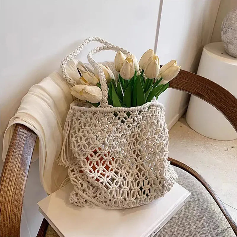 KissICON Tassel Cotton Crochet Tote – Mesh Beach Vacation