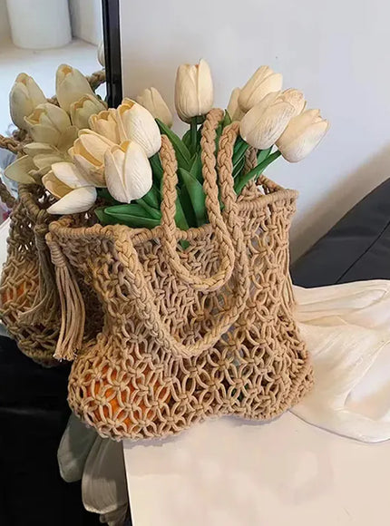 KissICON Tassel Cotton Crochet Tote – Mesh Beach Vacation