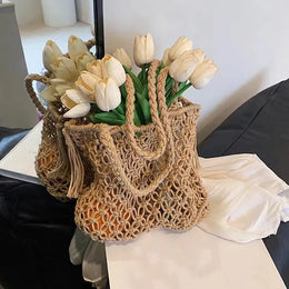 KissICON Tassel Cotton Crochet Tote – Mesh Beach Vacation