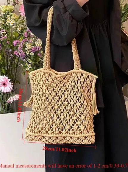 KissICON Tassel Cotton Crochet Tote – Mesh Beach Vacation