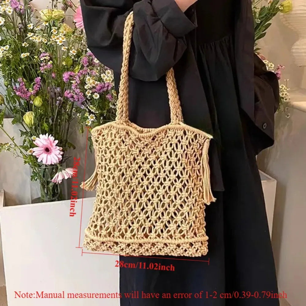 KissICON Tassel Cotton Crochet Tote – Mesh Beach Vacation