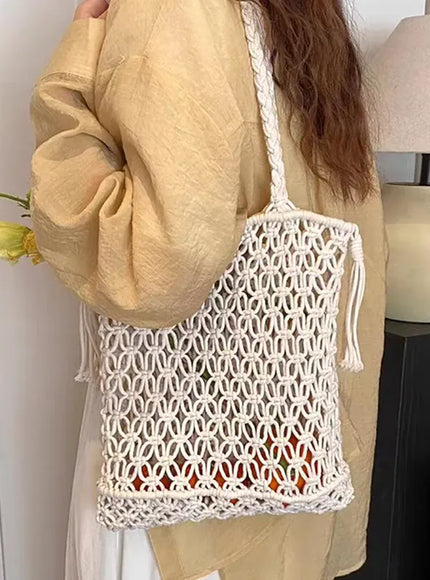 KissICON Tassel Cotton Crochet Tote – Mesh Beach Vacation