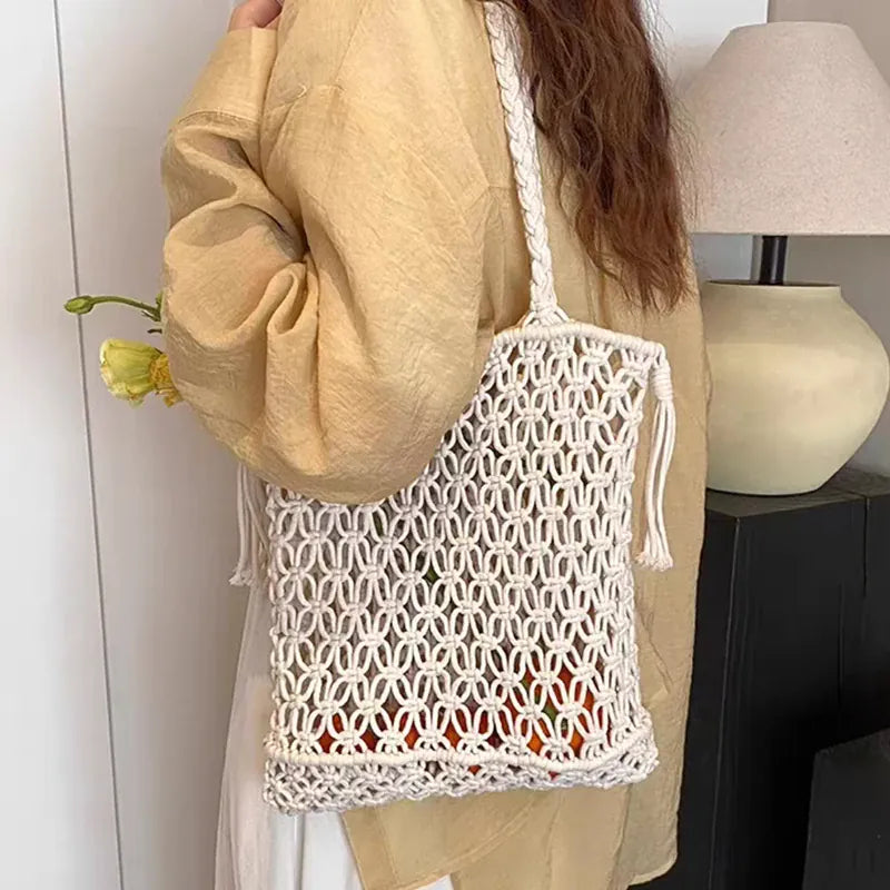 KissICON Tassel Cotton Crochet Tote – Mesh Beach Vacation