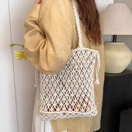 KissICON Tassel Cotton Crochet Tote – Mesh Beach Vacation