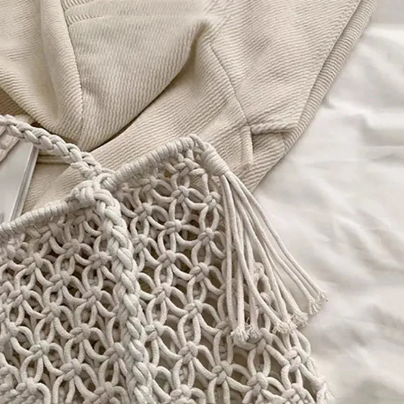 KissICON Tassel Cotton Crochet Tote – Mesh Beach Vacation