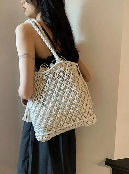 KissICON Tassel Cotton Crochet Tote – Mesh Beach Vacation