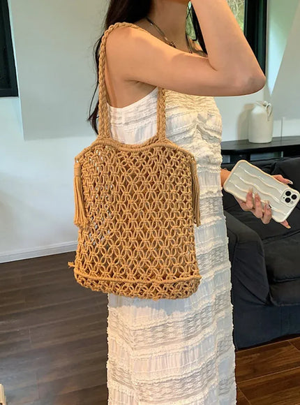 KissICON Tassel Cotton Crochet Tote – Mesh Beach Vacation